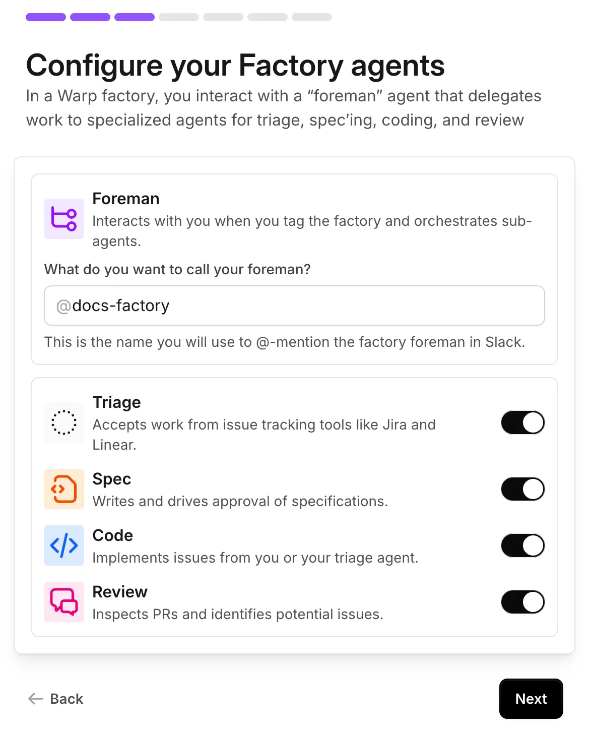 The Configure your Factory agents screen showing the foreman handle and enabled Triage, Spec, Code, and Review agents.